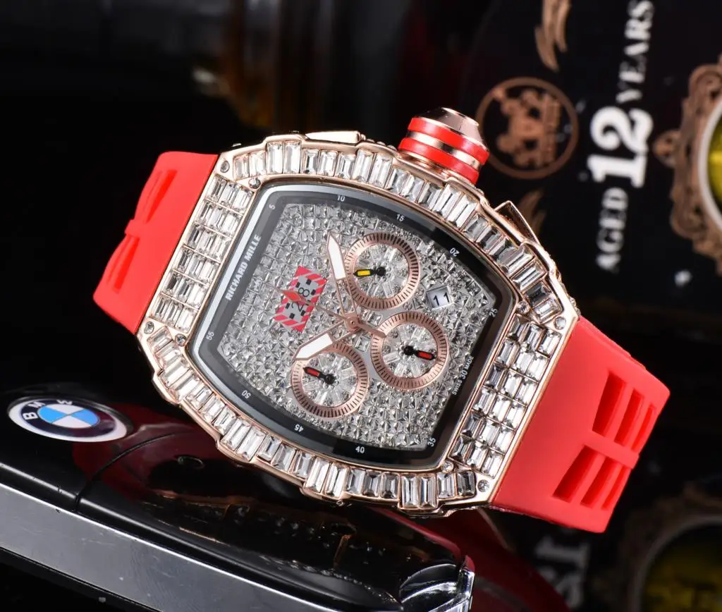 

Richard Top Brand Luxury Quartz Watches Stainless Steel Case 6 Pin Seconds Rubber Band Wristwatch Male Clock Relogio Masculino