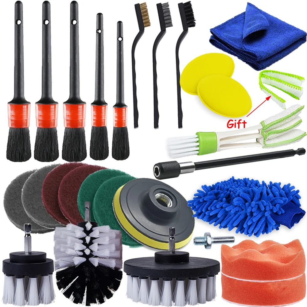 26/Pcs Detail Brush Drill Brushes Set For Car Wheel Rim Clean Detailing Brush For Car Air Vent Carpet Brushes Car Cleaning Tools