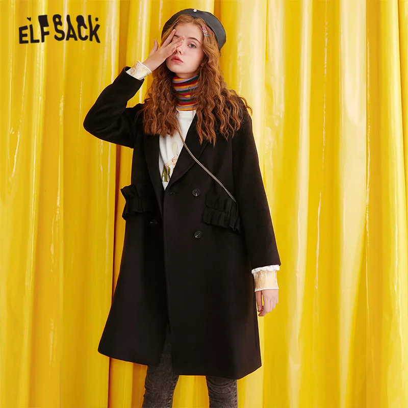 ELFSACK одноцветное с принтом Бетти прямое двубортное шерстяное пальто для женщин