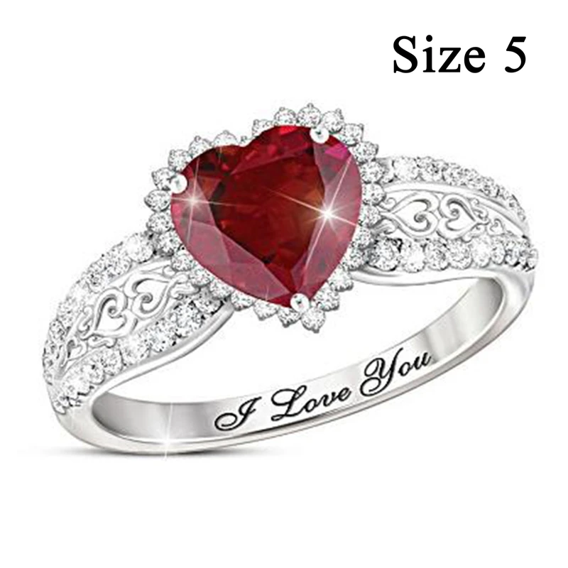 

Red Zircon Ring 5-12 Heart-shaped Red Crystal White Zircon English Letter Ring Ladies Engagement Ring Valentine's Day Gift New