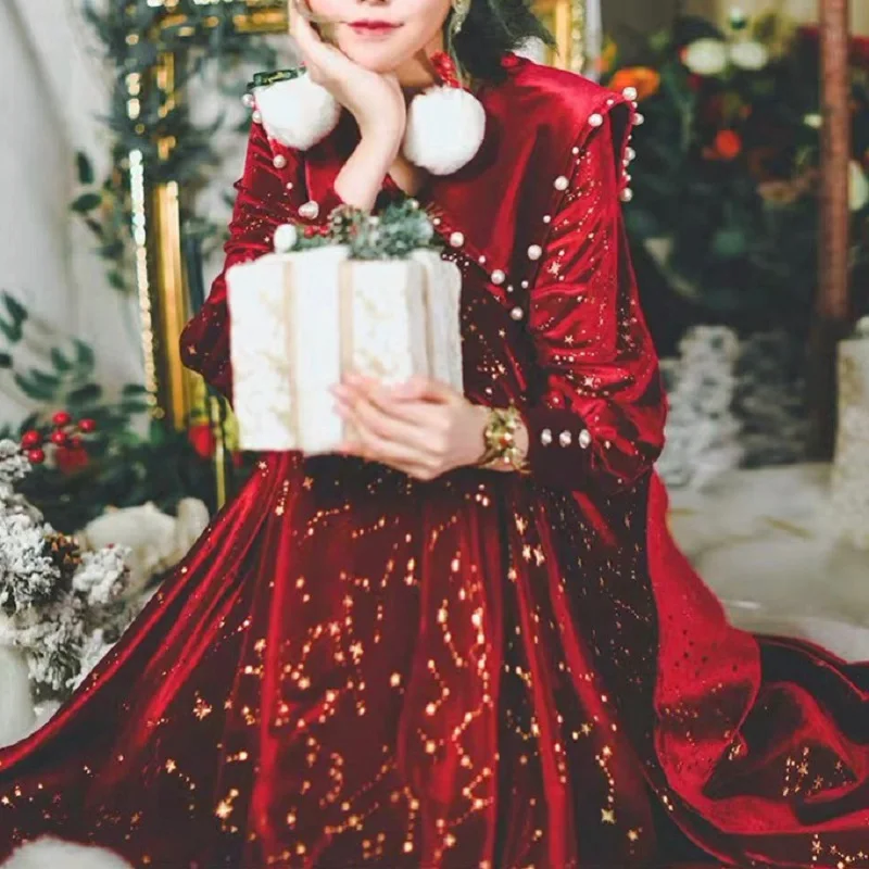 Winter  Xmas Goose Down Retro Lolita Velvet Women Red Robe Gown Gothic Party Loli Dresses Vestidos Christmas Princess Cosplay