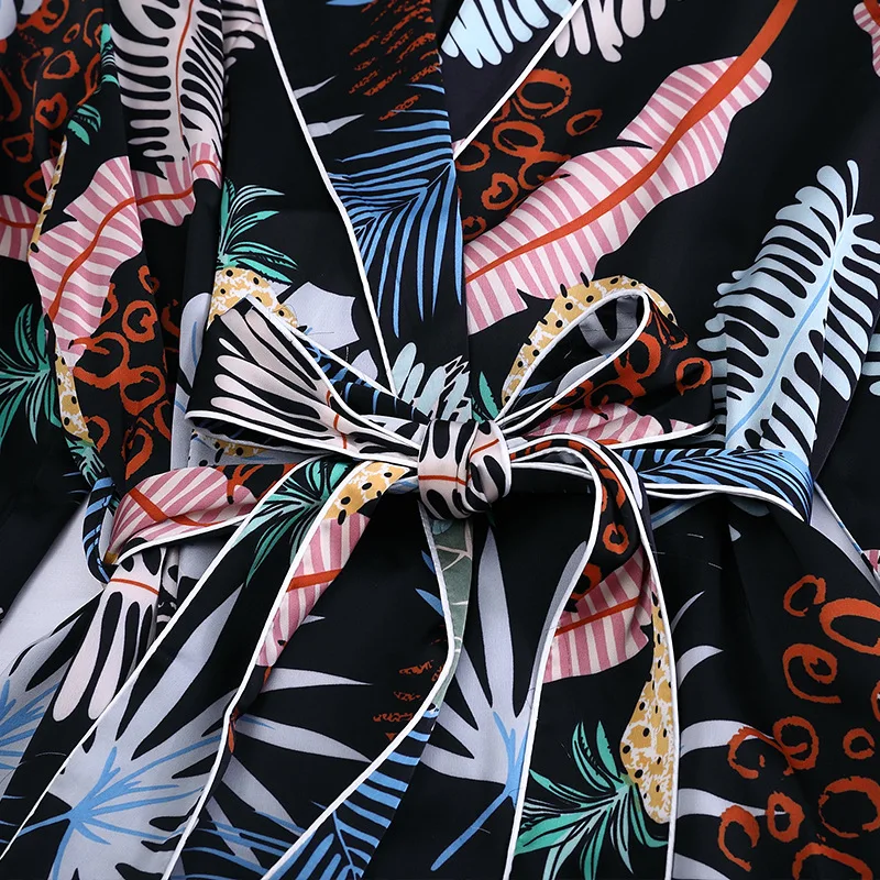 

Creation 101 spring and summer women's pajamas simulation silk three-piece printed color sexy sling robe and pants suit