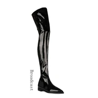 broadcast womens autumn and winter new over the knee boots european and american flat patent leather pointed toe womens shoes