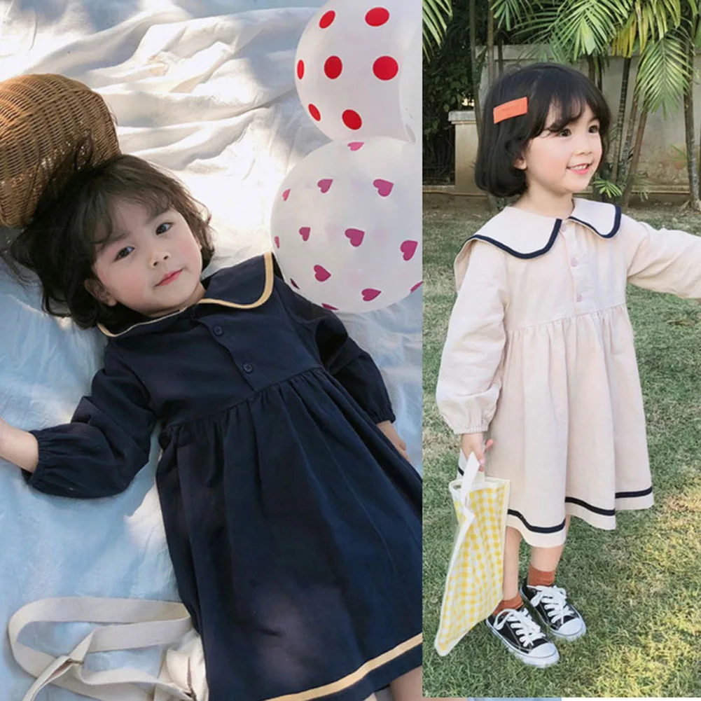 Pretty Girls Spring Fall Navy Style Baby Girl Clothes Turn-Down Collar Dresses Cute Long Sleeve Casual Loose Party | Детская одежда и