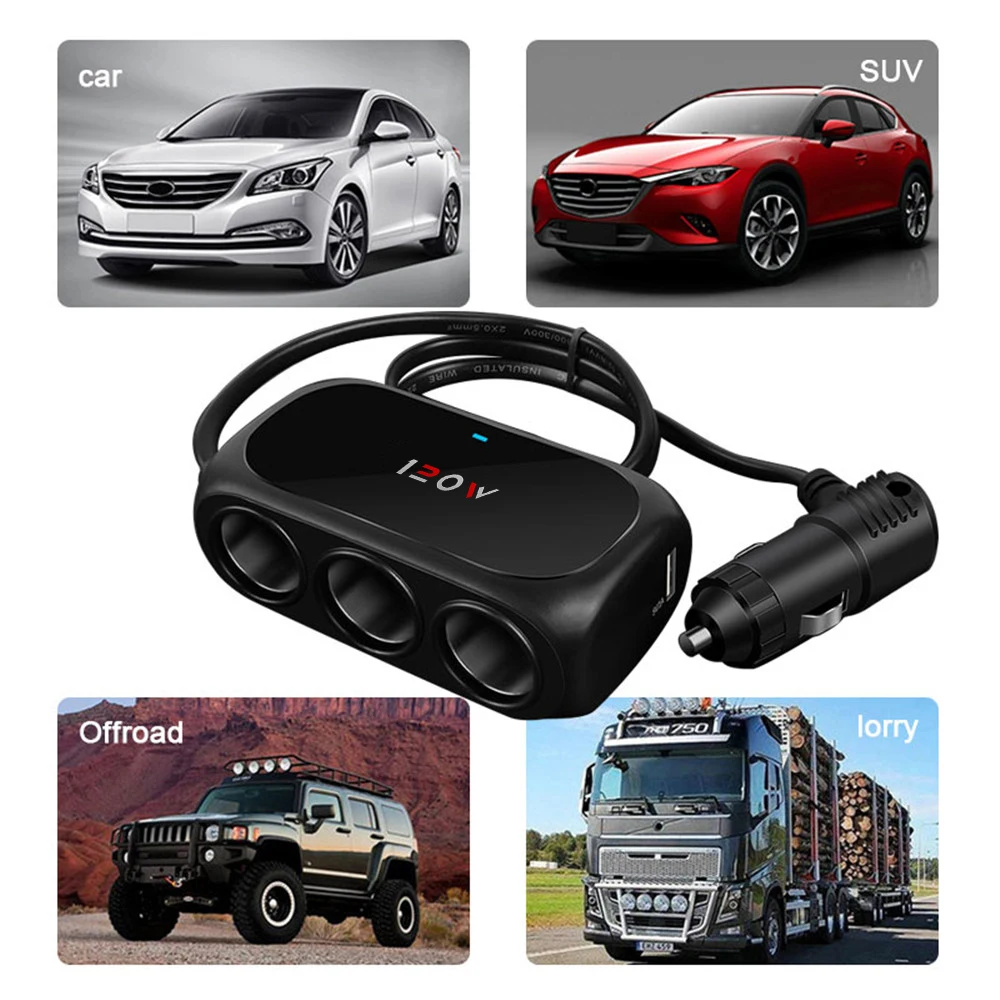 

Universal 3 Ways Car Cigarette Lighter 12V/24V Adapter Socket 120W Power Adapter Dual USB Fast Car Charger with LED Light