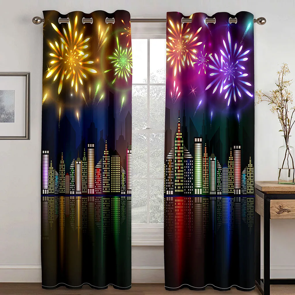 

Romantic Fireworks 3D Printing Festival Essential Bedroom Living Room Curtain Sunshade Cloth Custom Hook Decorative Curtain