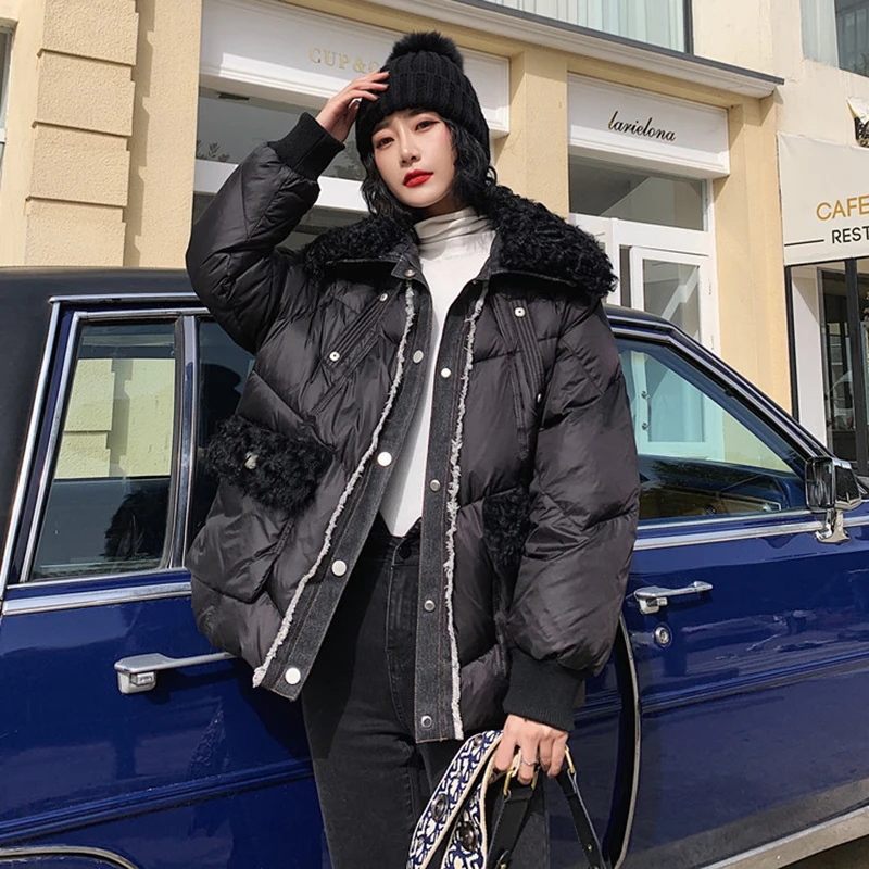 

Winter 2020 female Jacket Bright lamb fur collar stitching Parkas Coat New Thick Warm Loose Casual Oversized Women jacket A73