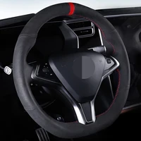 car steering wheel cover diy hand stitched non slip black suede for tesla model s 2009 2018 tesla model x 2012 2018
