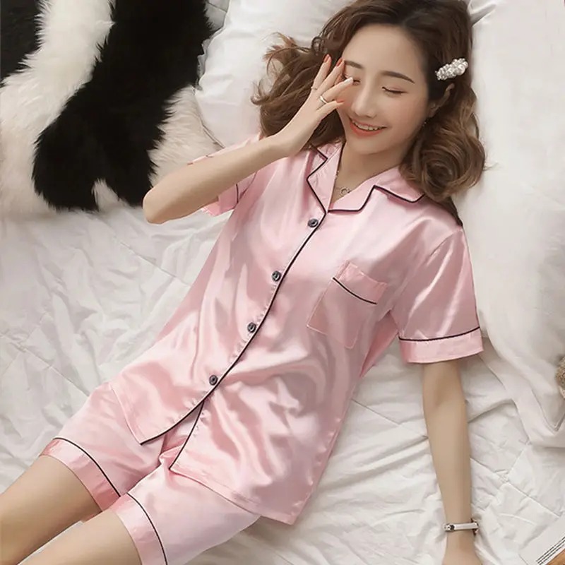 

YRRFUOT Summer Short-sleeved Imitation Silk Homewear Women's Pajamas Casual Thin Large Size Two-piece Ice Silk Sleepwear Set