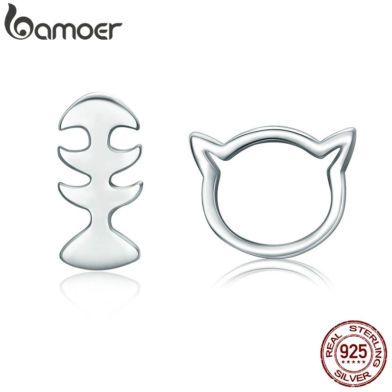 BAMOER,, серьги-гвоздики из натуральной 925 пробы, Серебряный Кот, маленькая кошка и рыбка, для женщин, Brincos, хорошее ювелирное изделие, SCE128