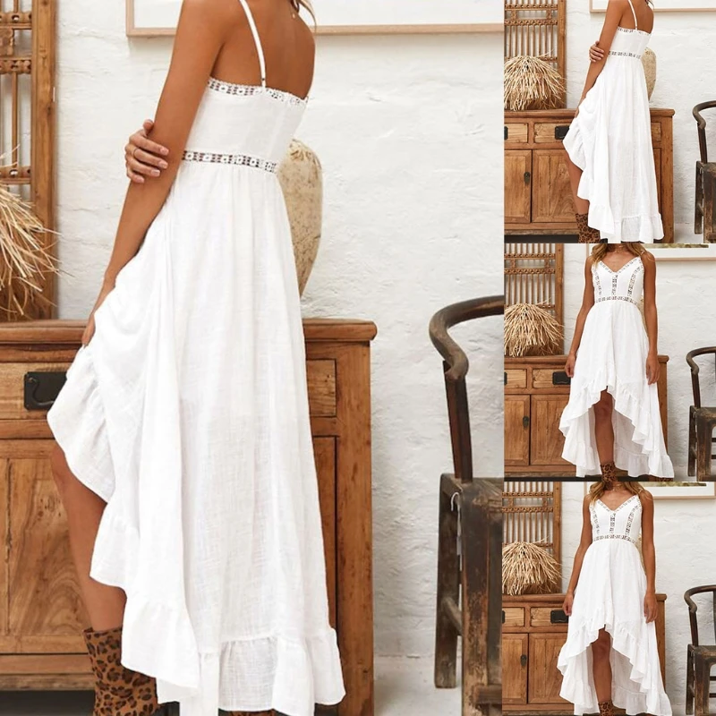 

Женское асимметричное платье на бретелях, белое асимметричное длинное платье с V-образным вырезом, ажурное вязаное крючком кружевное лоску...