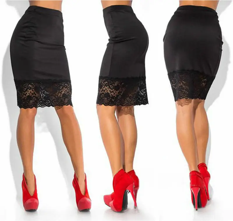 

Sexy Women Formal Stretch Lace Splice Skirts 2020 New Ladies Office High Waist Short Mini Skirt Pencil Skirt Red Black Skirts
