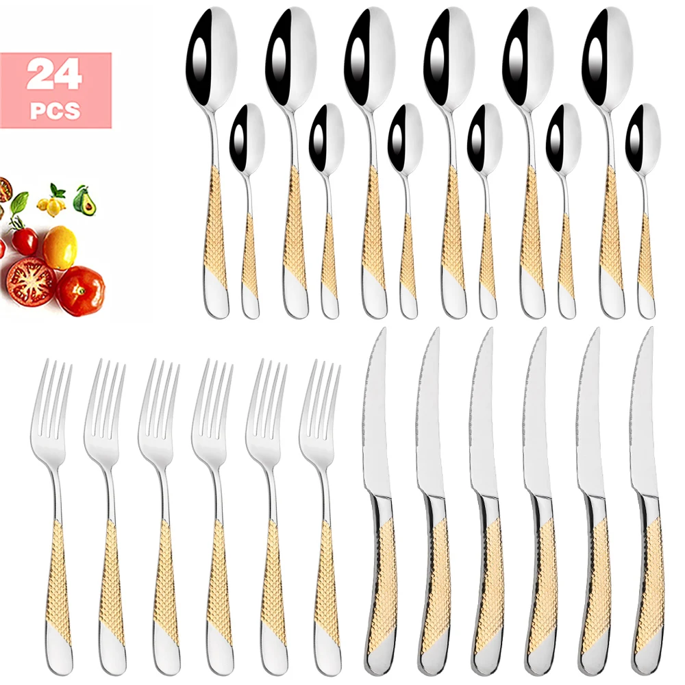 24Pcs Gold Dinnerware Set Tableware Cutlery Set 18/10 Stainless Steel Silverware Dinner Steak Knife Fork Spoon Flatware Set