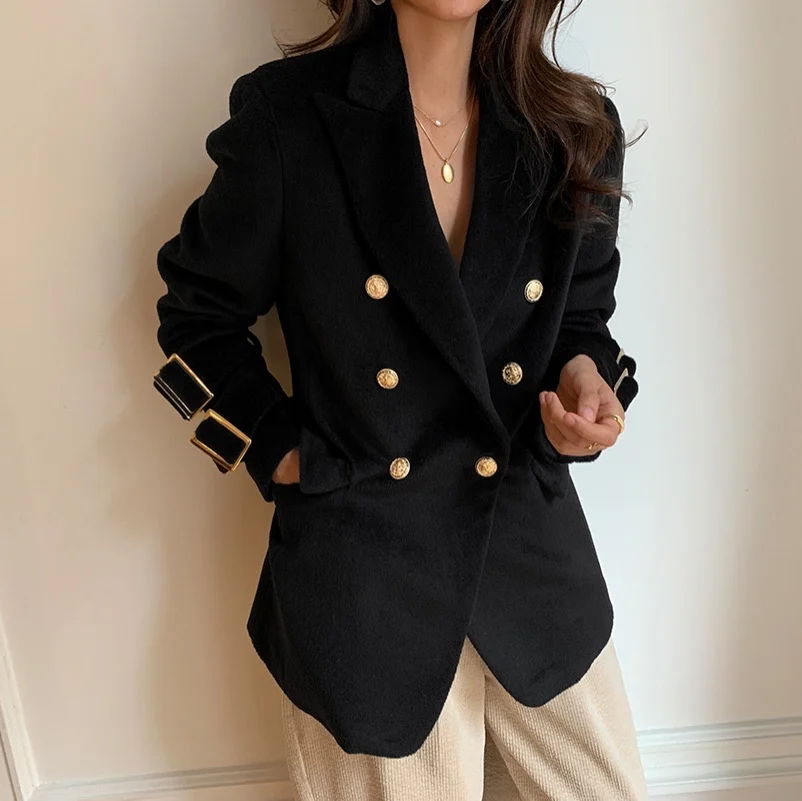 

Vintage double breasted woolen blazer women notched loose small suit