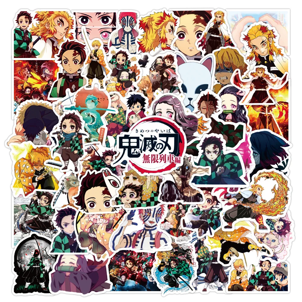 Demon Slayer-pegatinas de Anime de Kimetsu No Yaiba para ni&ntilde;os, calcoman&iacute;as de monopat&iacute;n para ordenador port&aacute;til, equipaje de motocicleta, regalo, 50 Uds.-0