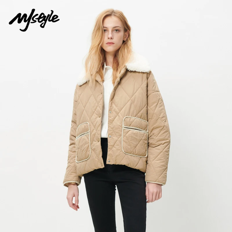 

MJstyle 2021 зимняя женская элегантная теплая бежевая стеганая куртка с меховым воротником уличная мода стеганая 821150005