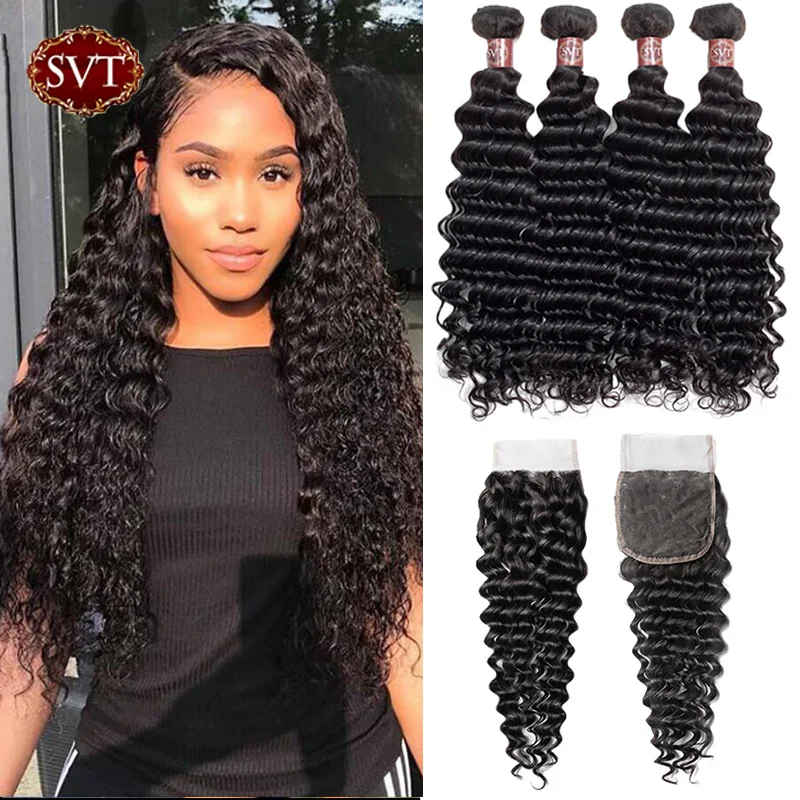 SVT волосы глубокая волна пряди с закрытием 4 шт./лот 8-26 &quotсредний коэффициент