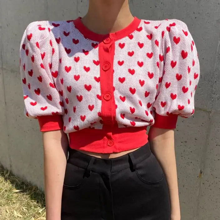 

Puff Short Sleeve O-Neck Button Mini Short knitted Tops Women Cardigan Vintage Love Kawaii Clothing Korean Fashion Blouse Summer