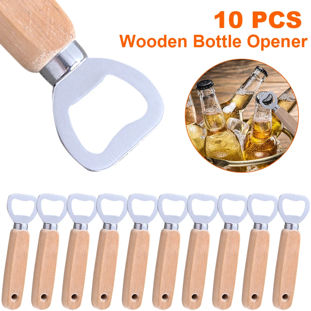

10pcs Wooden Handle Handheld Bartender Bottle Opener Wine Beer Soda Glass Cap Opener Kitchen Bar Tools Creative Openers