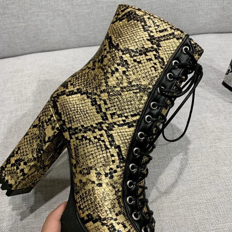 

Fashion lace up peep toe side zipper chunky heel boots platform cross-tied snake shoes 2020 ladies booties high heels size 42 43