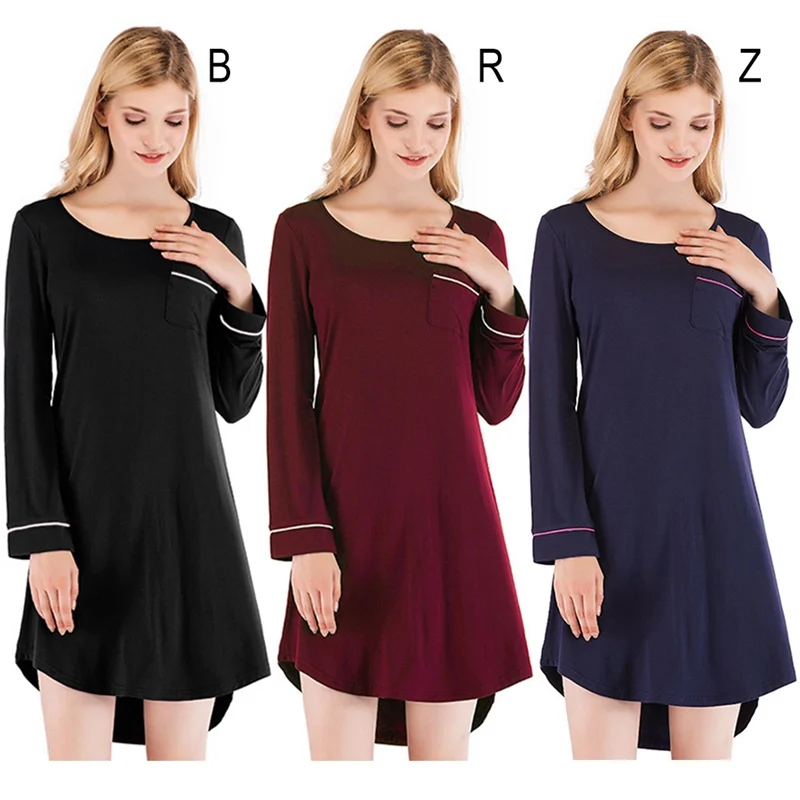 

Spring Summer Loose Cotton Long Sleeve Nightdress Solid Color Nightgown O-neck Mini Dress Women Casual Home Clothes Nightwear