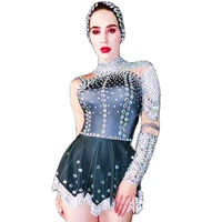 sparkling sequins rhinestones above knee dresses headwear mesh gauze backless dress nightclub dance show wear uniform costumes