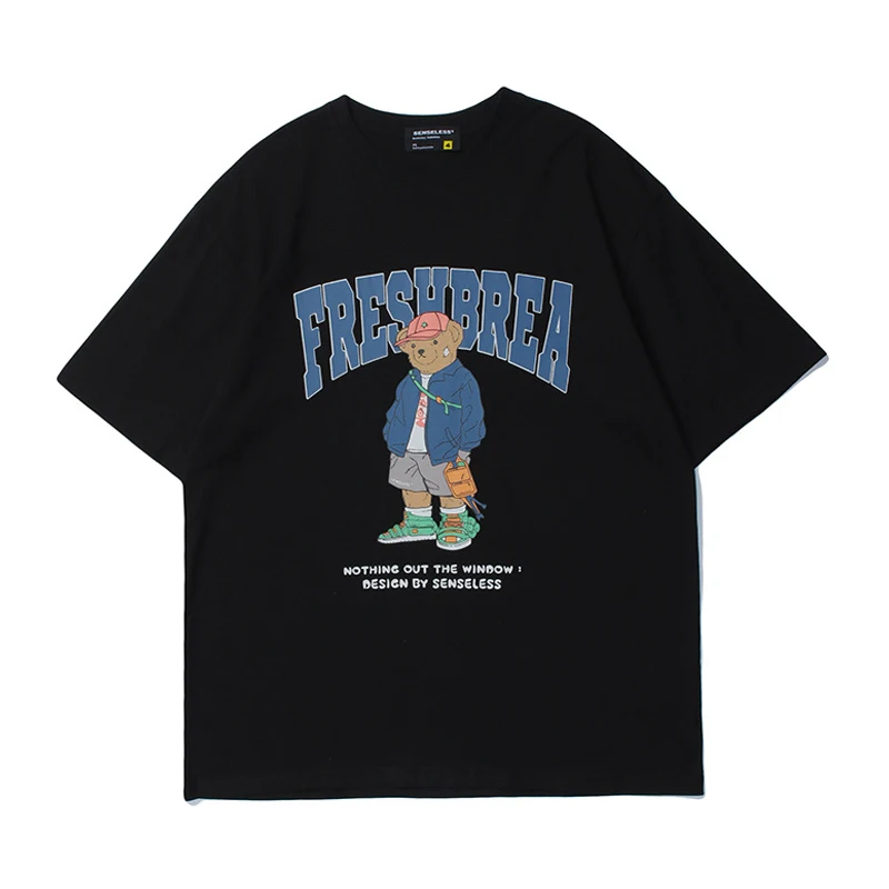 

Футболка мужская хлопковая в японском стиле Харадзюку, модная Повседневная рубашка с мультяшным медведем и надписью, с круглым вырезом, ули...