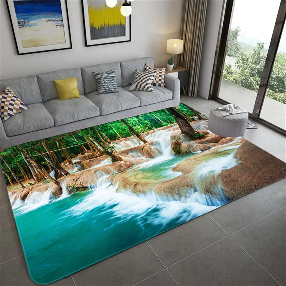 Natural Scenery 3D Carpet For Living Room Green Forest Waterfall Landscape Rug Bedroom Anti-slip Carpet In The Bathroom Large