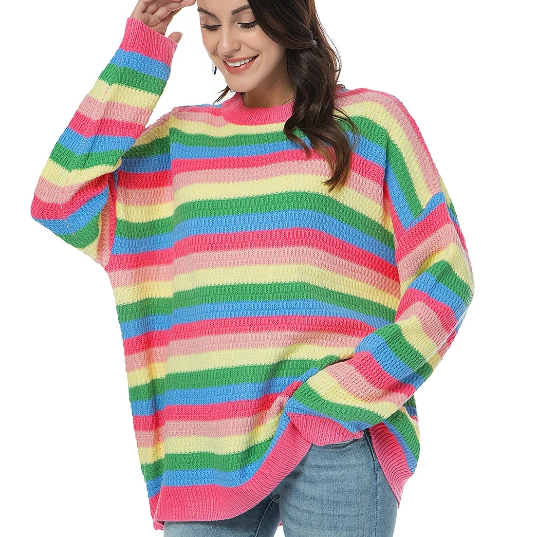 

Женский трикотажный свитер в радужную полоску, Свободный Повседневный пуловер с круглым вырезом и длинным рукавом, в винтажном стиле, 2021
