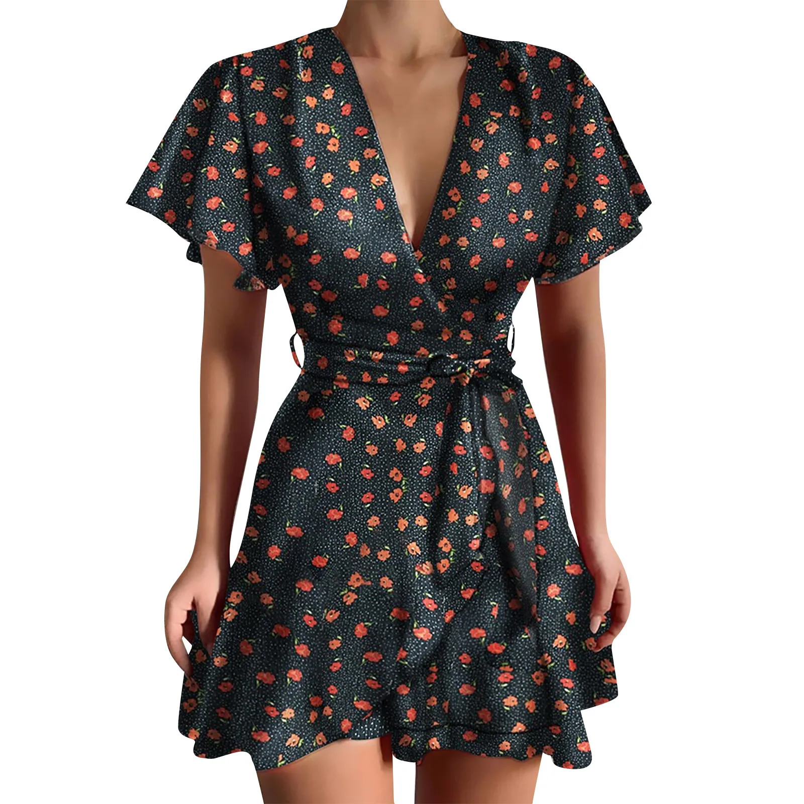 

Women Fashion Printed V-neck Dress Ruffled Belt Wrapped Mini Dress Casual Party Summer Dress Short Sleeve Loose Mini Dress
