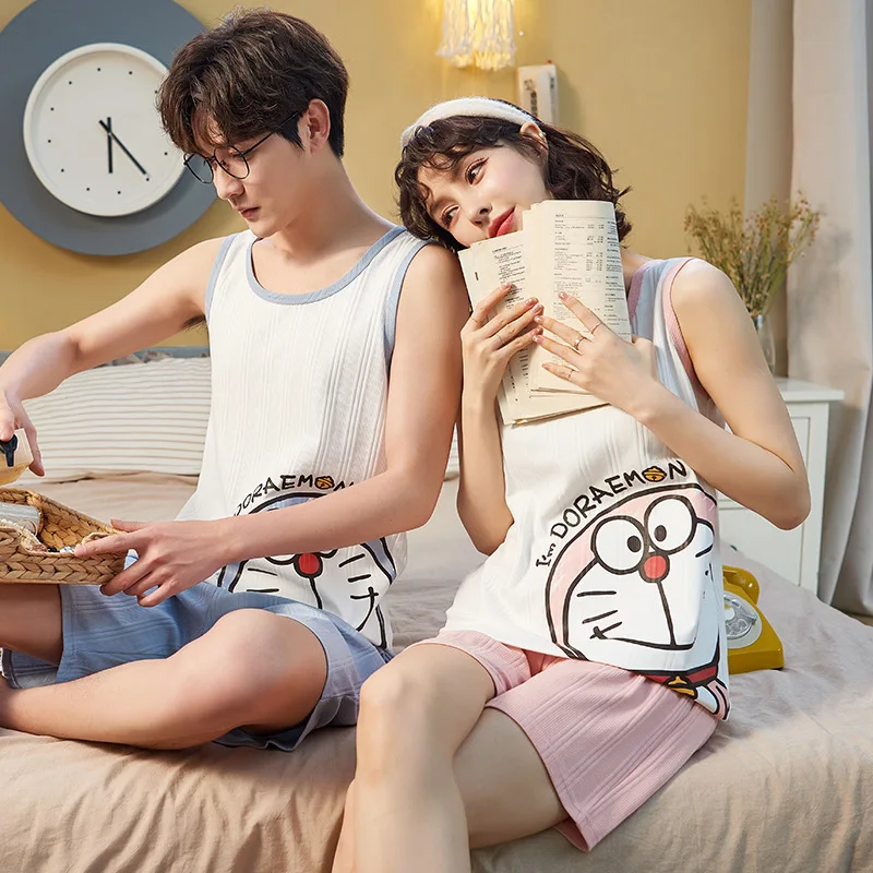 

Summer Couple Vest Pajamas Set Cotton Bear Cartoon Print Women Sleepwear Big Size Soft Casual Men Homewear Black Lover Nightwear