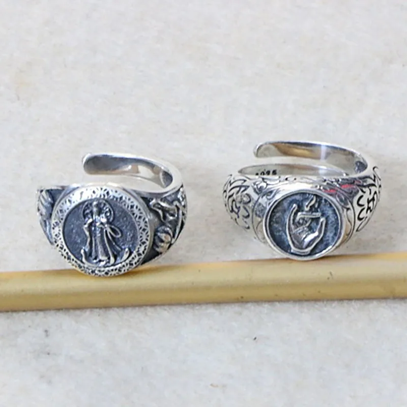 

100% s925 Silver Guanyin Twisted Flower Fingers Retro Chinese Style Classical Lotus Pattern Blessing Bergamot Men and Women Ring