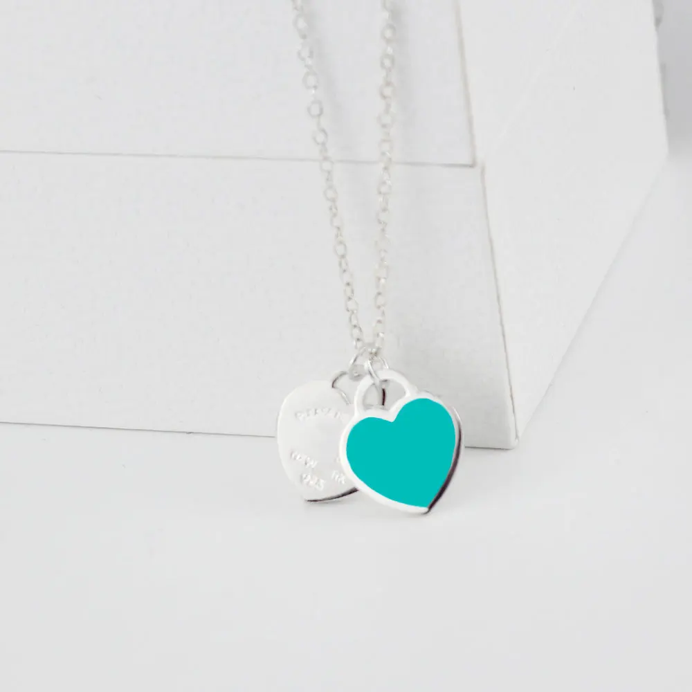 

KT Real 925 Jewelry Luxury LOGO Necklaces1:1High Quality Classic Enamel Mini Blue Two Heart Pendant Necklaces TIF Jewelry Woman
