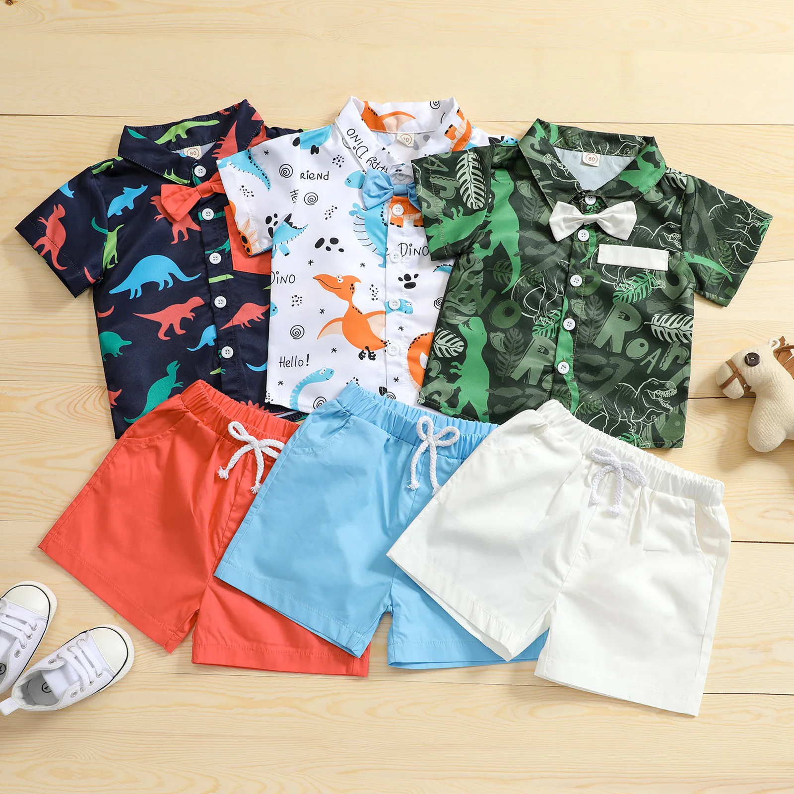 

Summer Baby Boys Clothing 2pcs Short Sleeve Dinosaur Button-Down Folded Collar Bow Blouse Plain Drawstring Short Pants Sets