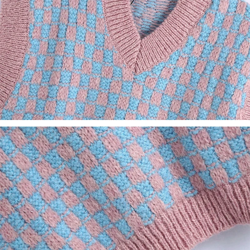 

V-Neck Sleeveless Knitted Vest Women's Plaid Loose Pullovers Sweater Female 2021 Newest Casual Korean Knitwear Tops YNZZU 1T017