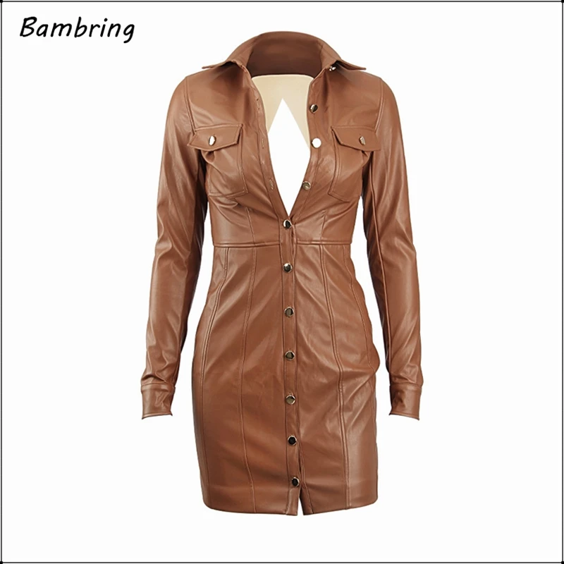

Women Vintage Faux Leather Dress Brown Long Sleeve Suit Collar Sexy Backless Mini Dress Lady Elegant Pu Evening Party Wear New