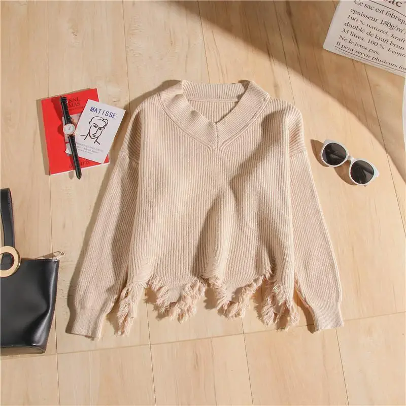 

Women 2020 Spring Autumn New Fashion Knitted Sweater Female V-neck Pullover Sweater Ladies Oversized Sweater Knitwear Tops D08