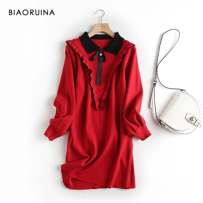 BIAORUINA женское Милое трикотажное платье 4 цвета Vestidos с оборками бантом бисером