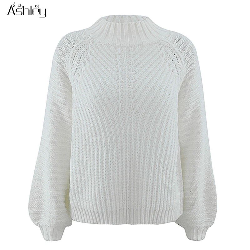 

Ashley solid lantern sleeve knitted sweater women autumn winter 2020 green jumper plus size sweaters knitwear pullovers sweater