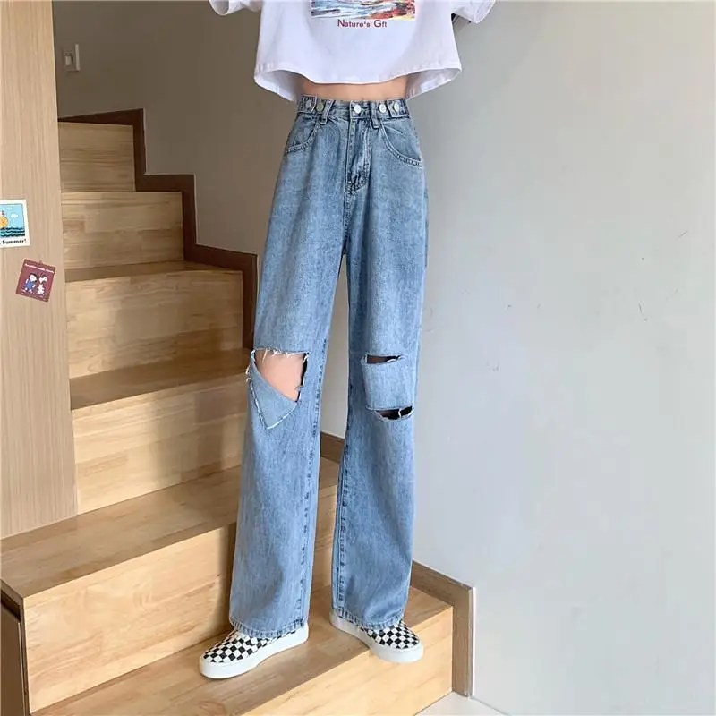 

2021 Spring & Autumn New Wide Leg Pants High Waist Thin Simple Blue Old Pants Hip Hop Holes All-match Women Jeans Free Shipping