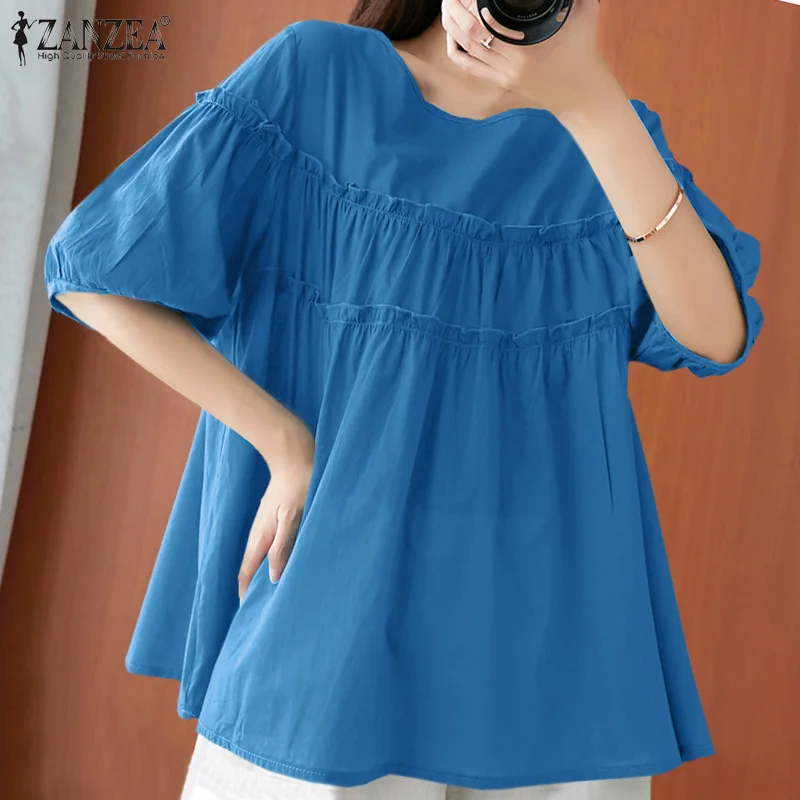 

ZANZEA, Женская винтажная блузка, 2021, Летние Плиссированные Топы с рюшами, повседневные Однотонные блузки с пышными рукавами, женские большие т...