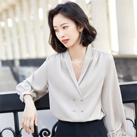 double breasted satin silk shirt vintage blouse women apricot office lady commute long sleeves female slim temperament shirts