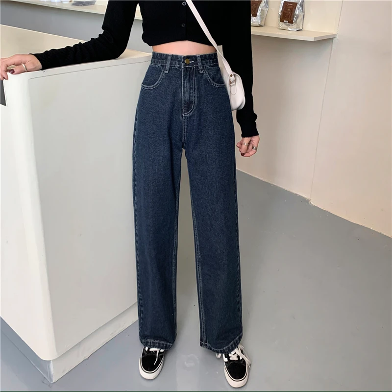 

2020 Classic blue Hight waist Women's jeans pants Korean style loose baggy jeans female pants straight leg woman trouser