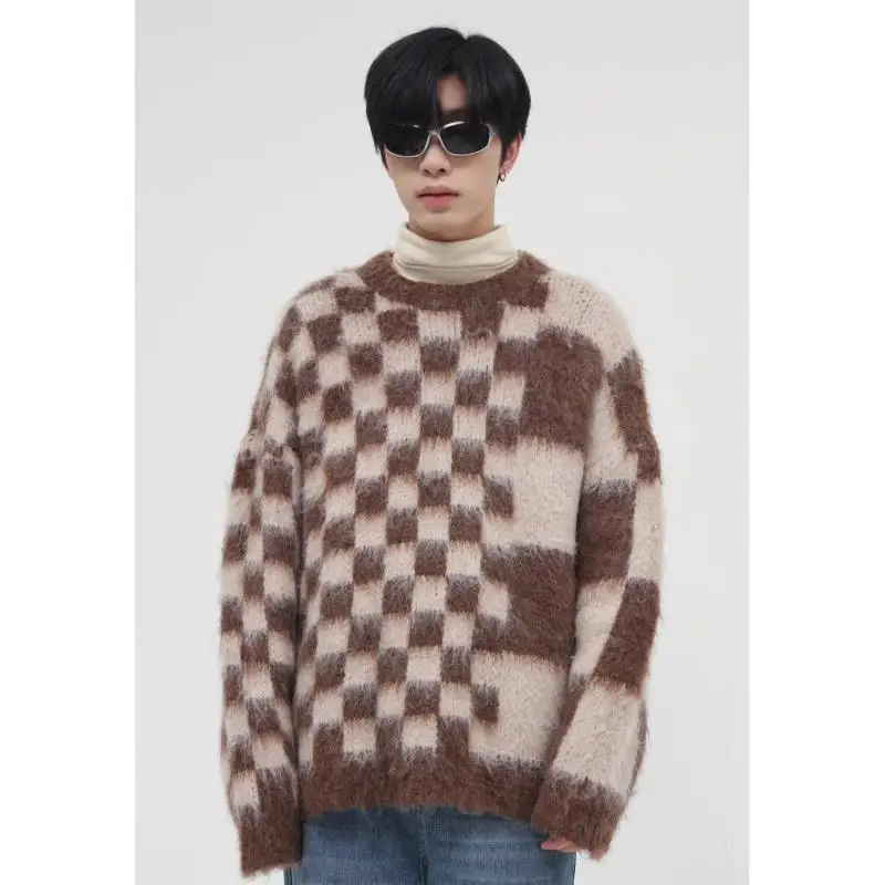 

Поэзия | Новые зимние товары Корейская версия Instagram мохеровый популярный цветной шахматный Повседневный вязаный свитер для пары мужской пу...