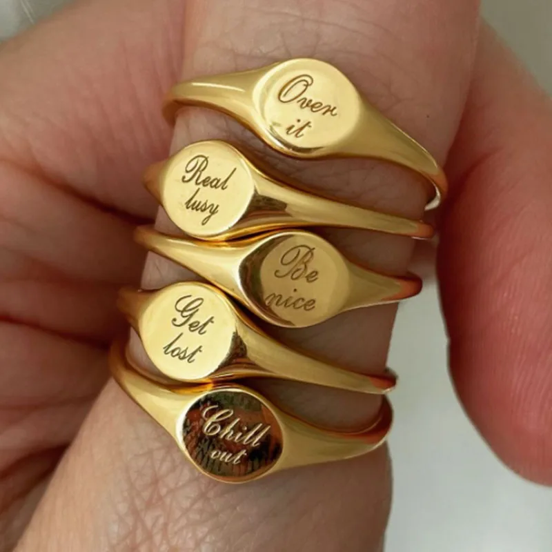 

Customized Name Women Signet Ring Chunky Round Initial Letter Stamp Stainless Steel Punk Men's rings Candid Fashion Jewelry