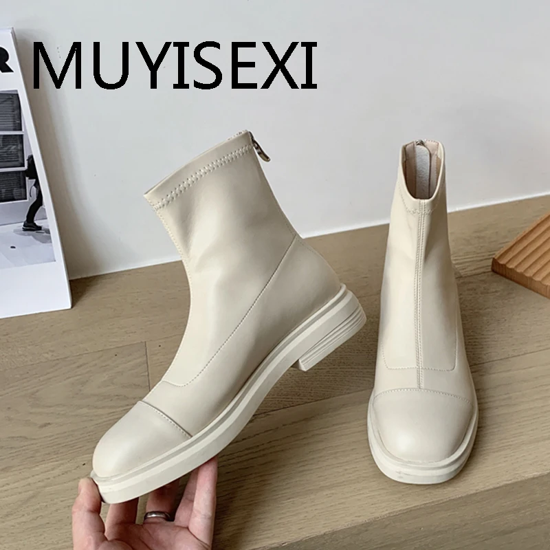 

3.5cm med heel genuine leather round toe short boots patchwork style zipper sweety solid leisure convenient boots QQJ08 MUYISEXI
