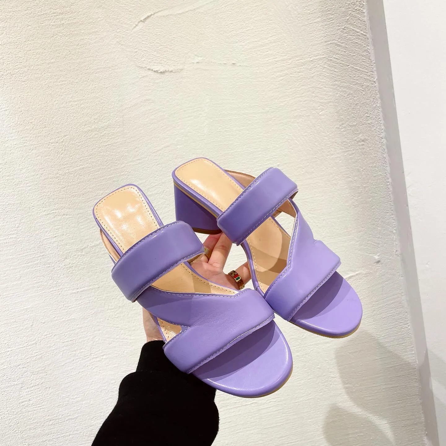 

Square heel Shoes Woman's Slippers Slides Heeled Mules Med Fashion Block 2021 High Summer Luxury Basic Pumps Rubber Fabric Rome