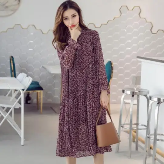 Chiffon Bohemian Dress Autumn Loose Pleated Dresses Women A-line Flower Print Floral Dot Female Vestidos Plus Size DC996 | Женская