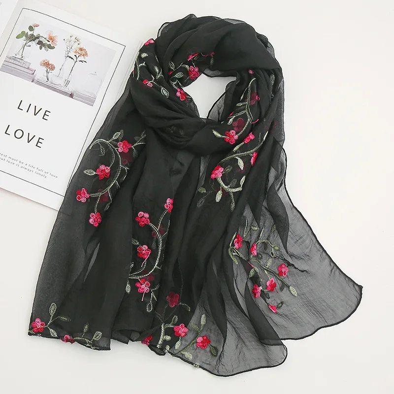 

Plain Embroider Floral Silk Chiffon Shawl Scarf Lady Fashion Thin Soft Beach Wrap Stitch Scarfs and Hijab Foulard Sjaal 170*65Cm