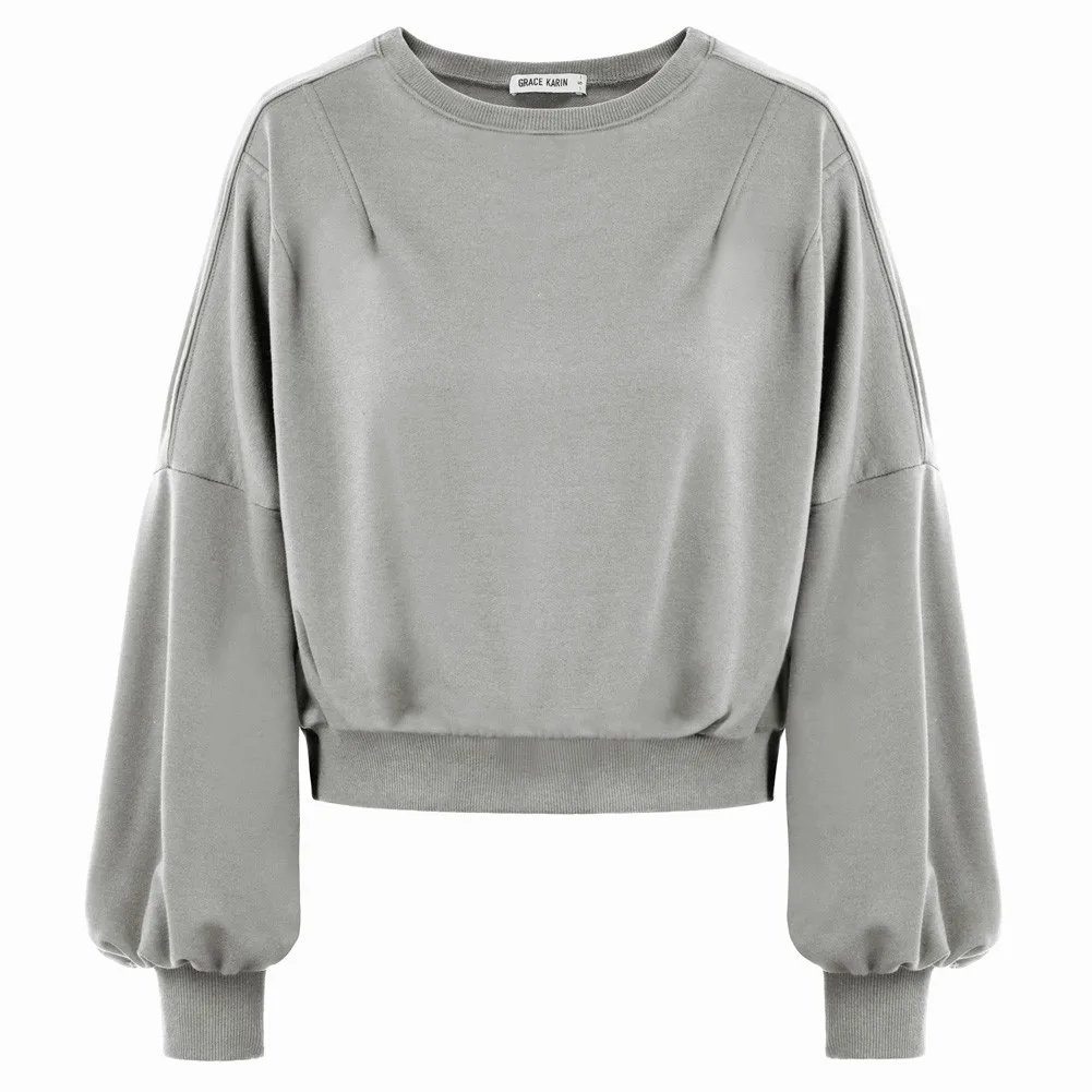 

GK Women Casual Loose Fit T-Shirt Long Lantern Sleeves Crew Neck Tops Ribbed Neckline Sleeve Cuffs Hemline Tops Long Lantern